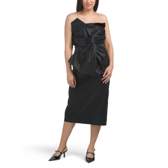 MILLY Black Harlow Bow Strapless Taffeta Dress